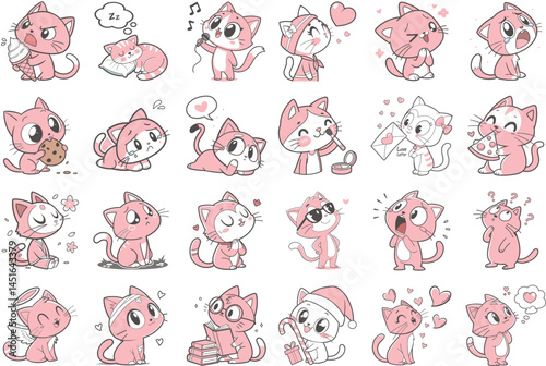 Pink cartoon cat expressions set with cute doodle style actions like love, laugh, cry, and celebration

