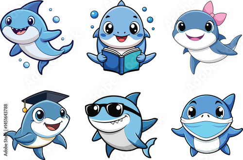 Adorable baby shark character illustration set featuring expressive and themed sharks, including reading a book, wearing a graduation cap, sunglasses, mask, and bow.