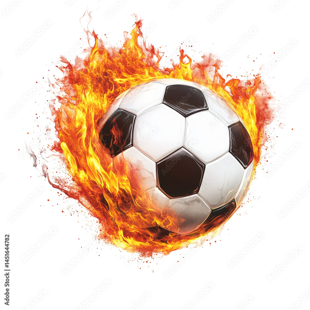 Fototapeta premium A soccer ball soaring through the air surrounded by vibrant flames against a clear background, soccer ball flying with burning fire flameisolated on transparent