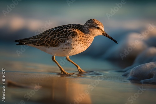 Wallpaper Mural Close up of a sandpiper bird standing on the shore of a beach with water and soft light at sunset Torontodigital.ca