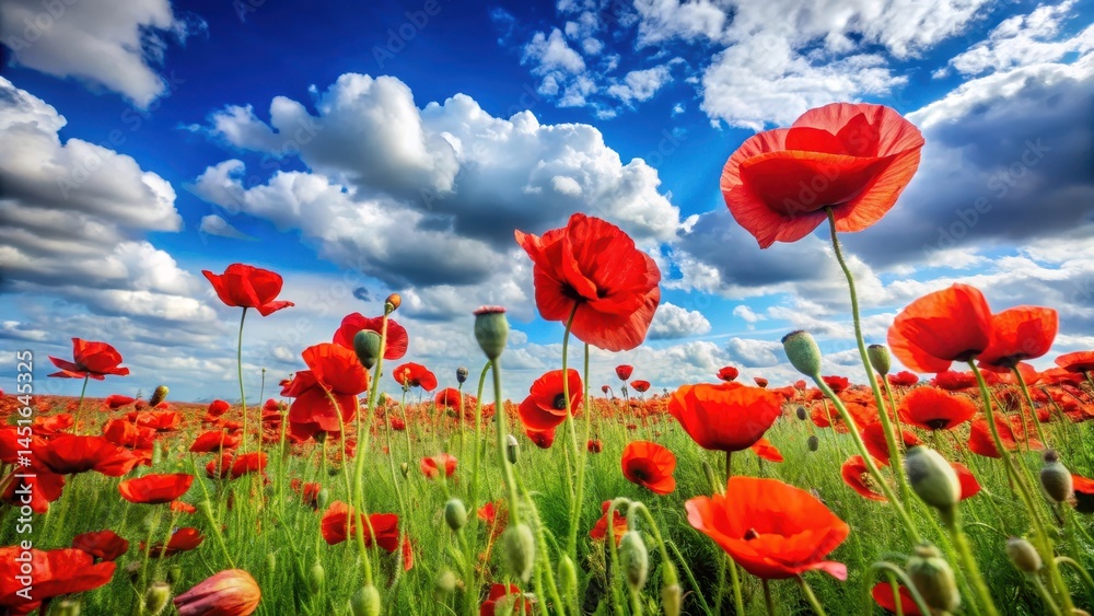 Fototapeta premium Red poppy flowers blooming in a field on Victory Day with blue sky and white clouds , anniversary of victory, floral arrangement