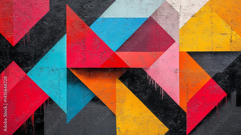 Naklejka premium Vibrant Geometrical Shapes on a Textured Wall, A Colorful Visual Harmony