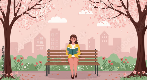 Woman enjoying spring while reading a book in a park  