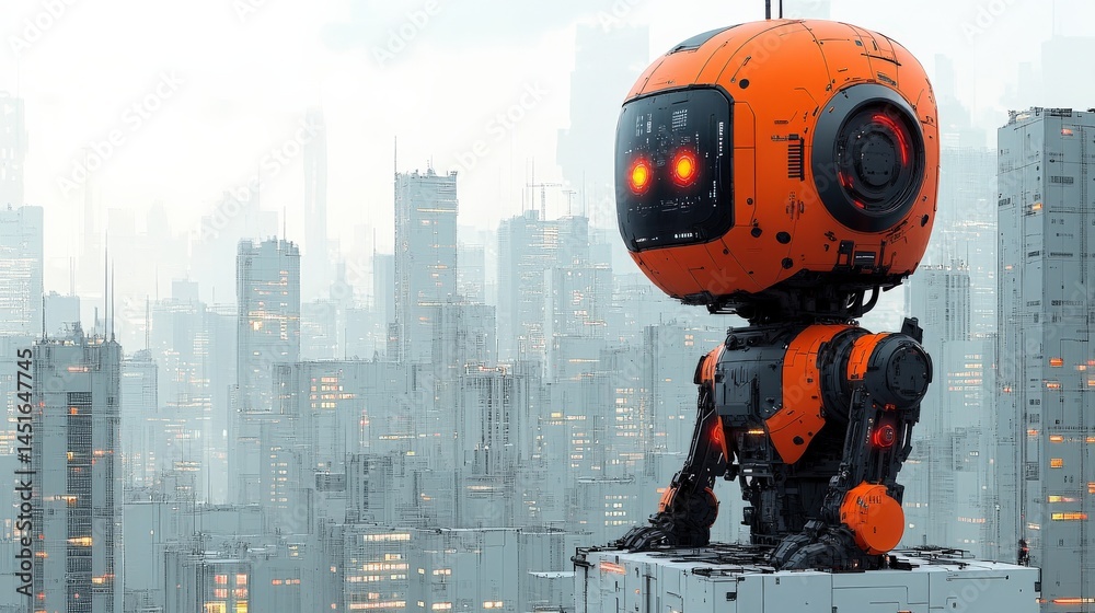 Futuristic orange robot overlooking a sprawling cityscape with glowing skyscrapers in the background Futuristic orange robot overlooking a sprawling cityscape with glowing skyscrapers in the background