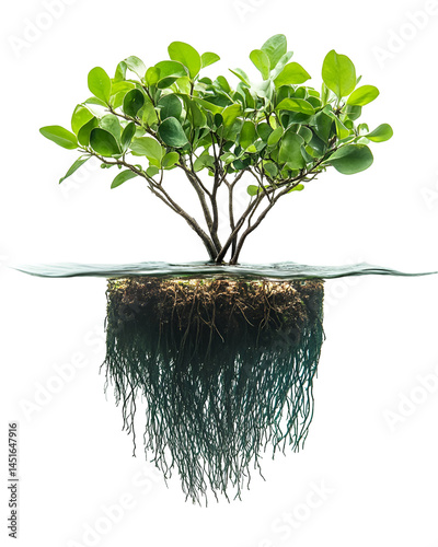 Lush green tree floating on water showing roots below the surface