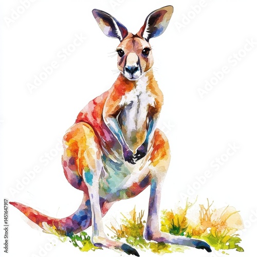 Watercolor Illustration of a Kangaroo Standing on Green Grass with Light Orange and Yellow Tones on a Clean White Background Artwork Isolated