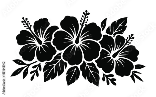 Black Silhouette of Tropical Hibiscus Flowers with Leaves in Decorative Vector Design