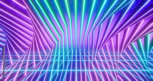 Futuristic glowing neon twisted gate and wireframe background. Shining grid planes and gates in perspective. Bright retro digital horizon. Purple starry sky. 3D rendering.