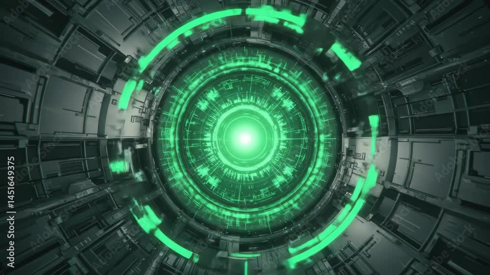 Abstract Circular Technology Tunnel Glows with Green Light Abstract Circular Technology Tunnel Glows with Green Light