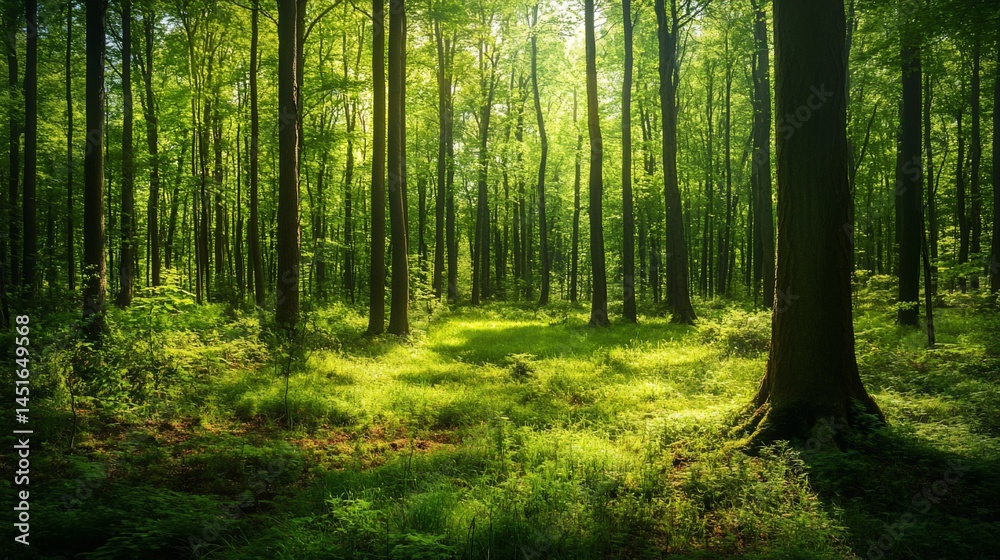 Obraz premium Sunlit Deciduous Forest Path: Tranquil Nature Scene