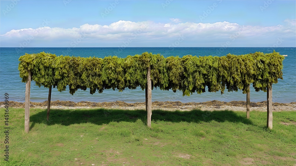 Fototapeta premium Raw seaweed lies drying on a rack by the coastal beach, showcasing a traditional method of sea harvesting and natural preservation under the sun and sea breeze. 