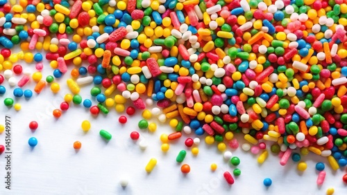 Tiny colorful candy sprinkles scattered on a white background, creating a vibrant and playful atmosphere , baked goods decoration, sweet treat