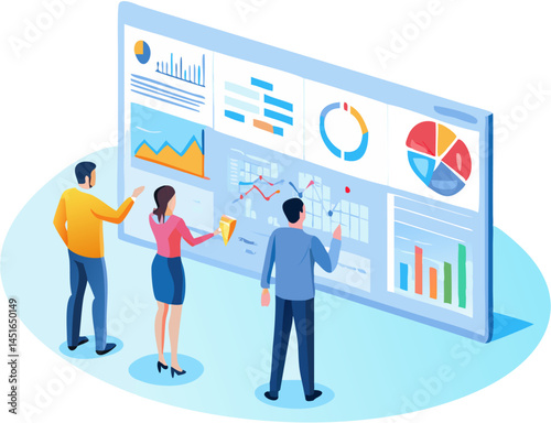 Team Analyzing Data Dashboard Isometric Vector Graphic 