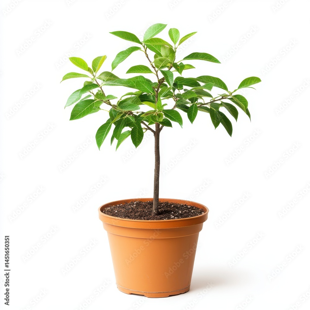 Fototapeta premium Small Green Plant in Brown Pot Against White Background
