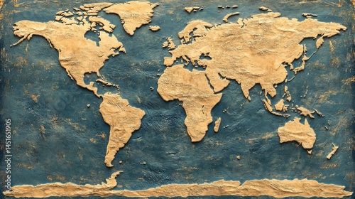 Textured world map crafted in relief with golden continents against navy blue background