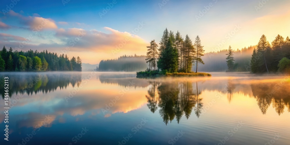 Fototapeta premium A misty dawn breaks over a serene lake surrounded by tall trees with gentle ripples on its surface , peaceful, calm, peaceful