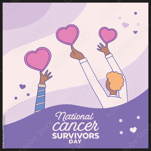 Colorful Cancer Survivors Day Poster with Raised Hands and Love Symbols with vector design


