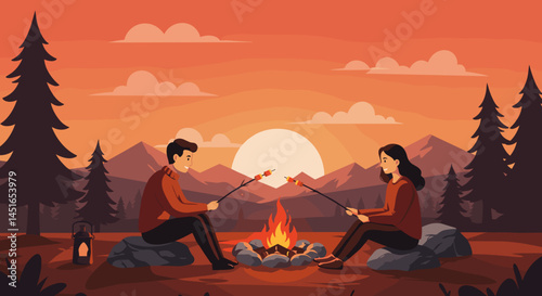 Couple roasting marshmallows by the campfire, enjoying a romantic evening in nature