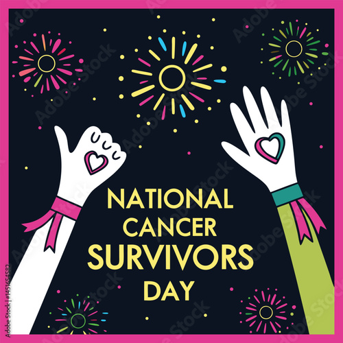 Colorful Cancer Survivors Day Poster with Raised Hands and Love Symbols with vector design


