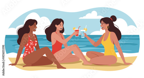 Three friends celebrating with drinks on the beach  