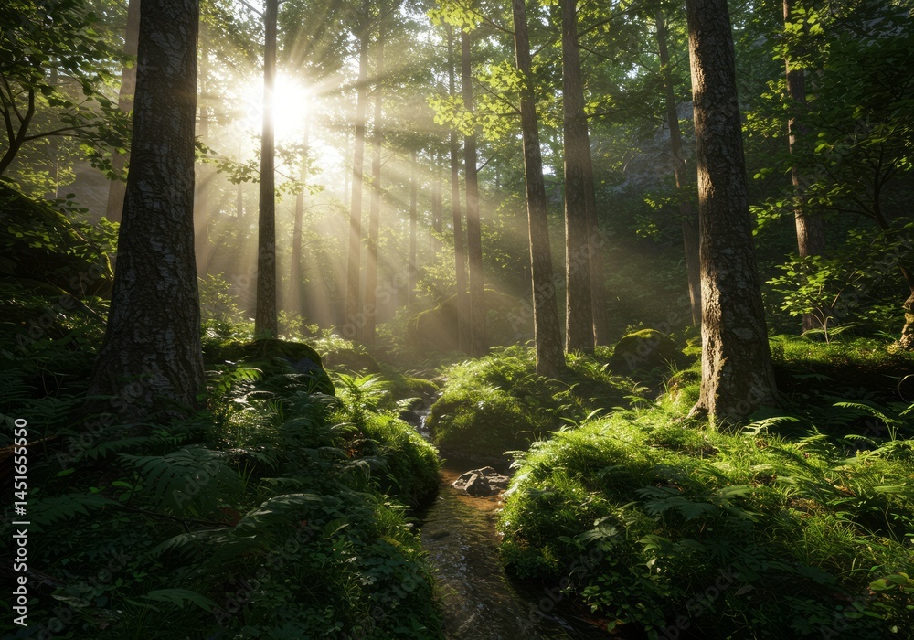 Obraz premium Sunlit forest with a stream, tall trees, and lush greenery.