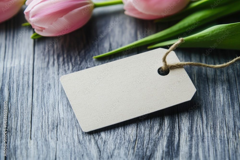 Fototapeta premium Tulip and Tag on Wood Background