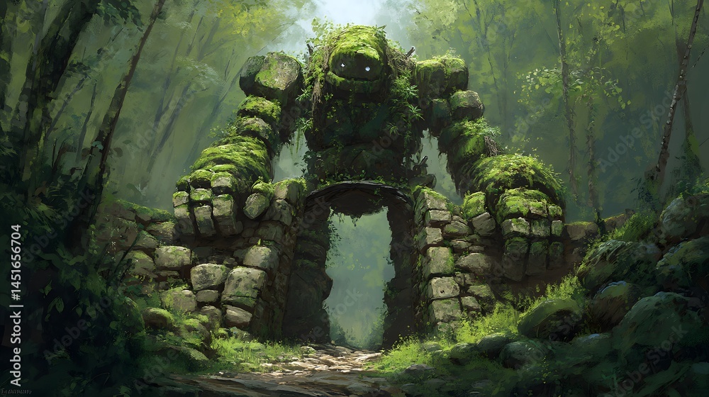 The Stone Sentinel: Moss-Clad Giant Forest Gate