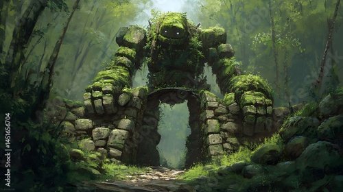 Obraz na płótnie The Stone Sentinel: Moss-Clad Giant Forest Gate w salonie