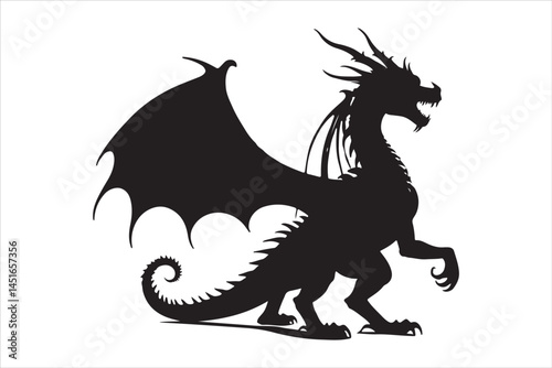 Print"Set of Flying and Roaring Dragon Silhouettes in Fantasy Style"

