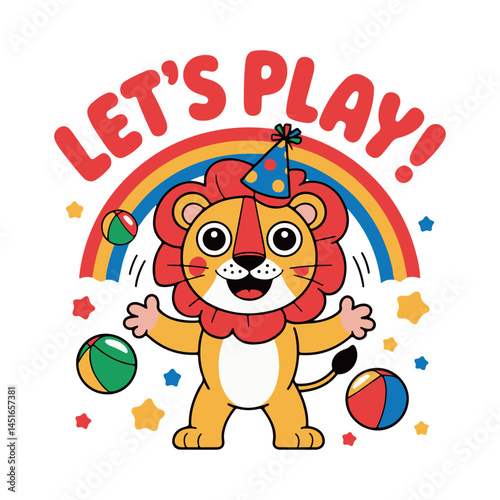 Adorable cartoon lion under rainbow with colorful decorations and 'Let’s Play' theme for children