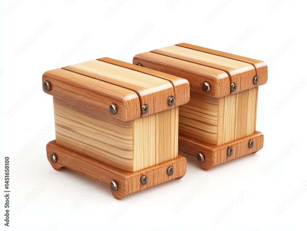 Two Small Wooden Boxes with Metal Rivets on White Background Two Small Wooden Boxes with Metal Rivets on White Background