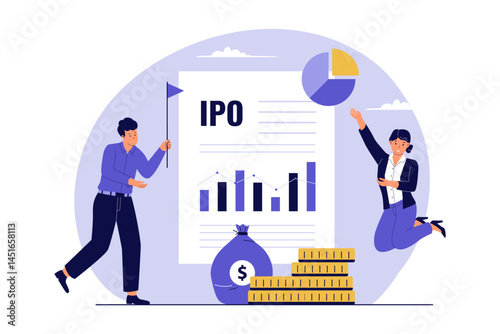 IPO Celebration Illustration. Happy Business Team Reaching Financial Milestone. Illustrations for websites, landing pages, mobile apps, posters and banners
