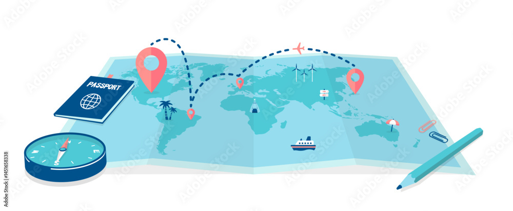 Naklejka premium Big world map and travel vector illustration