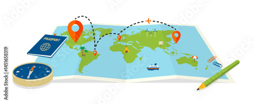 Big world map and travel vector illustration