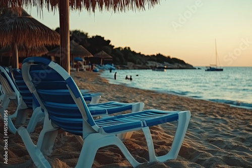 Beach chairs under thatched umbrellas at sunset