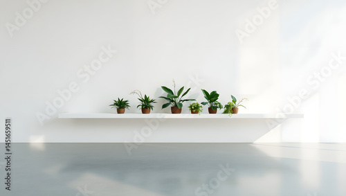 realistic Large blank white wall in modern office with plants and sunlight