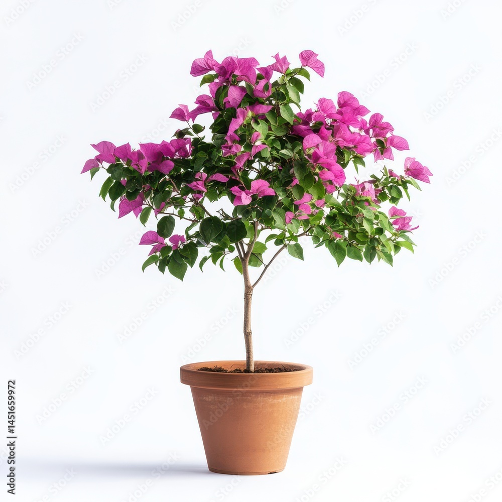 Naklejka premium Vibrant Purple Bougainvillea in Terracotta Pot Against White Background