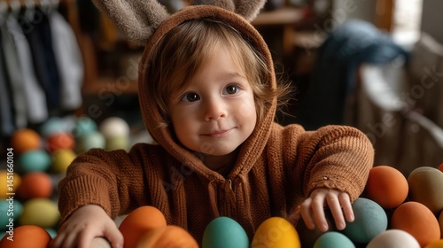 Adorable young child wearing bunny costume with colorful Easter eggs