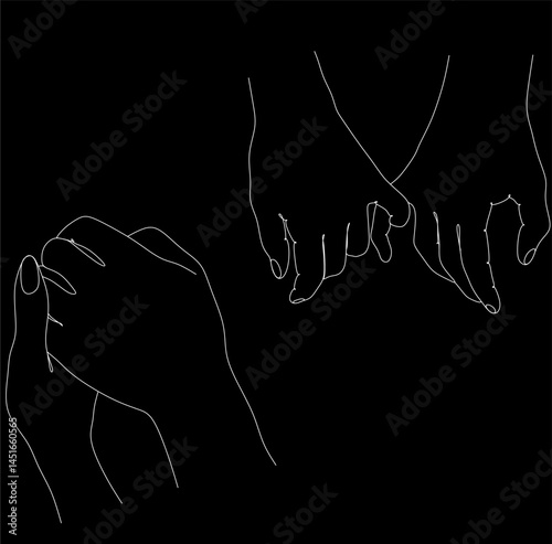 Set, two hands, man and woman, hold together, line drawing. Romantic relationship concept, support, help, promise, reconciliation