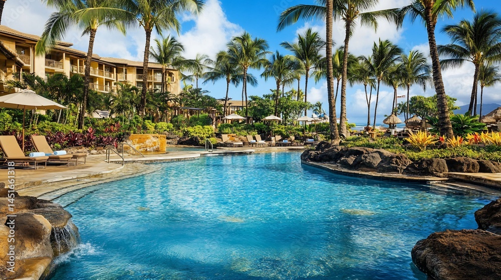 Serene tropical oasis: Luxurious resort swimming pool with palm tree landscape Serene tropical oasis: Luxurious resort swimming pool with palm tree landscape