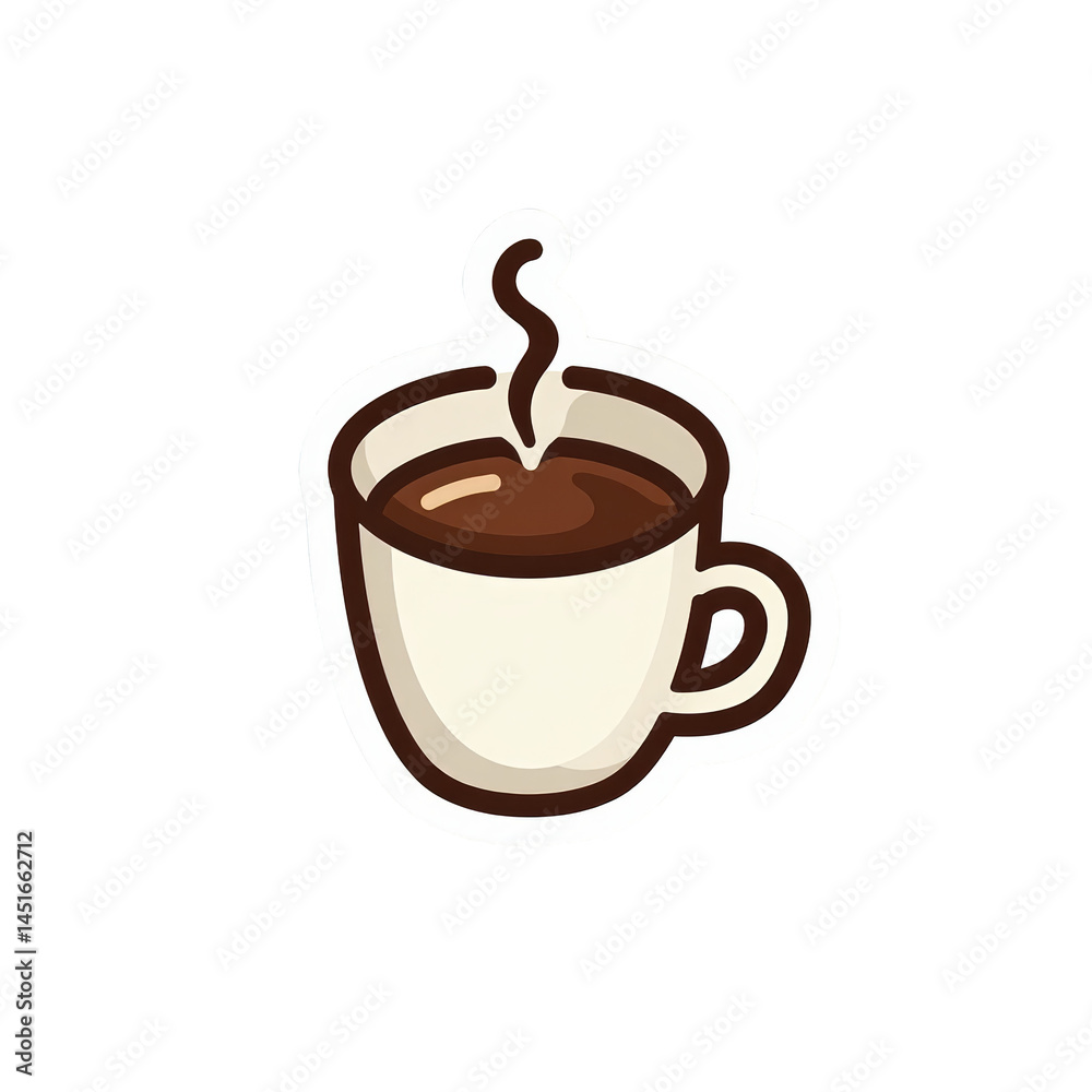 Obraz premium Sticker of steaming coffee cup, featuring a white mug with a brown outline and rising steam. Café branding, digital stickers, social media, and food-related content.