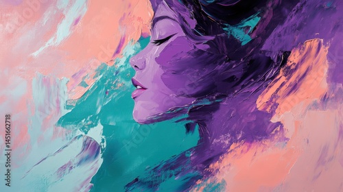 A modern and abstract painting of a woman, using thick strokes in vibrant purple, soft pink, and rich teal, perfect for a contemporary and stylish reception space.