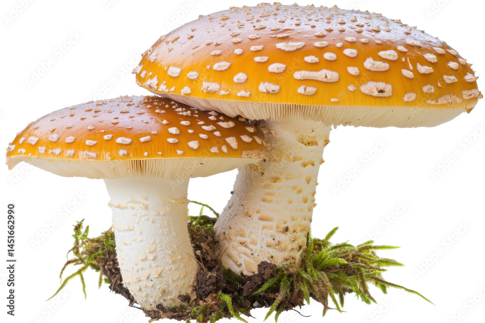Obraz premium Two Vibrant Toadstool Mushrooms Growing on Ground Surrounded by Moss in Natural Habitat