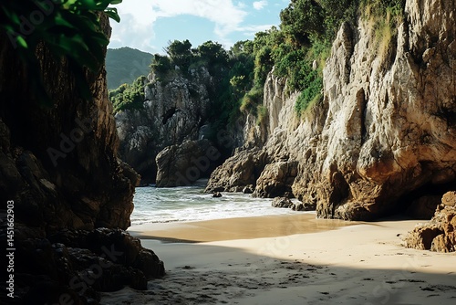 A Beautiful Secluded Beach Cove Surrounded by Rocks photo