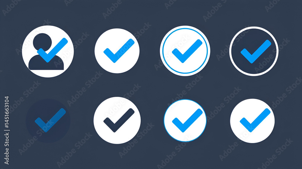 Set of confirmation icons. Profile verification check marks icons set in blue and black color. Verified account sign symbol. Flat style. Vector illustration. Set of confirmation icons. Profile verification check marks icons set in blue and black color. Verified account sign symbol. Flat style. Vector illustration.