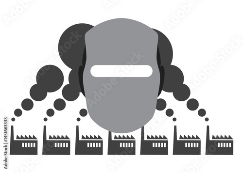 Black and white concept illustration shows a robot head surrounded by smoke forming the shape of the United States, symbolizing the environmental pollution caused by operating artificial intelligence.