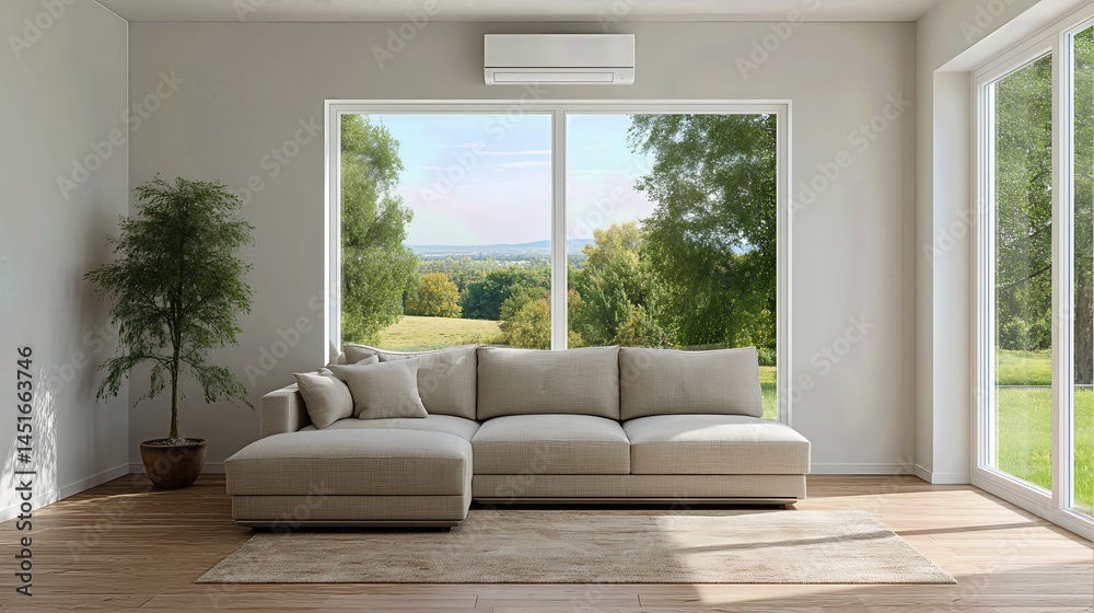 Fototapeta premium A modern air conditioning unit cools a stylish living room as sunlight pours through large windows, combining comfort, design, and energy efficiency.