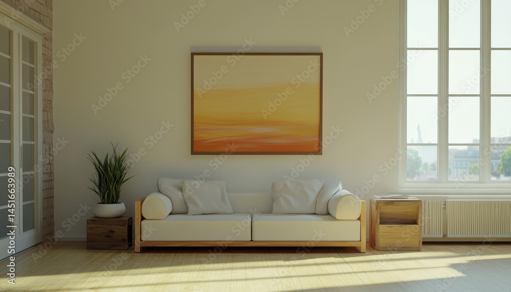 Fototapeta premium Minimalist living room with warm tones and natural light