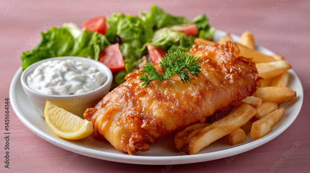 A heaping plate of fish and chips with tartar sauce and lemon wedge on a pastel background under crisp studio lighting with space for copy A heaping plate of fish and chips with tartar sauce and lemon wedge on a pastel background under crisp studio lighting with space for copy
