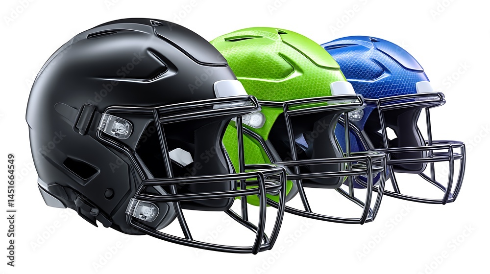 American Football Helmets Black with Lime, and Blue. American Football Helmets Black with Lime, and Blue.